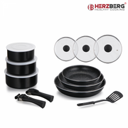 Herzberg HG-8091-15BK: 15 Pieces Marble Coated Cookware Set