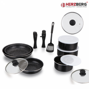 Herzberg HG-8091-15BK: 15 Pieces Marble Coated Cookware Set